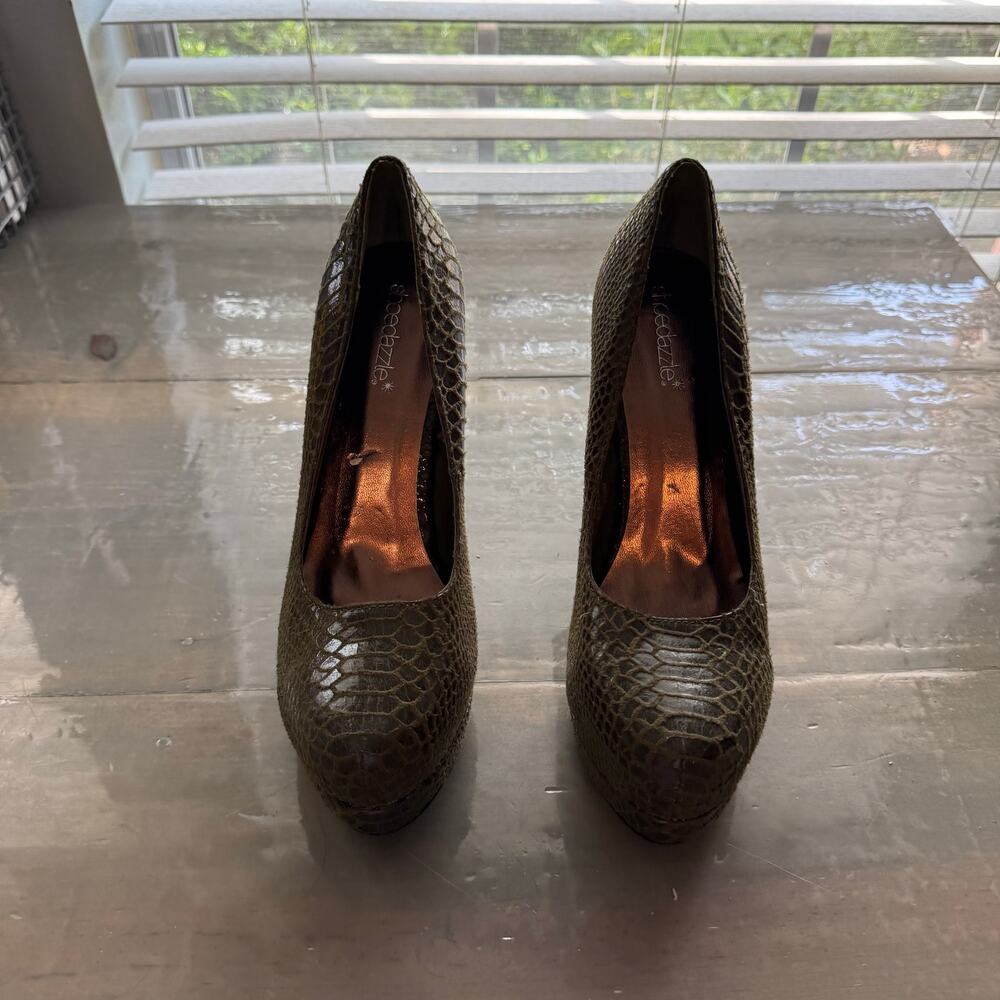 Shoedazzle Green Marisol Snakeskin Heels Sz 9 - Picture 2 of 12